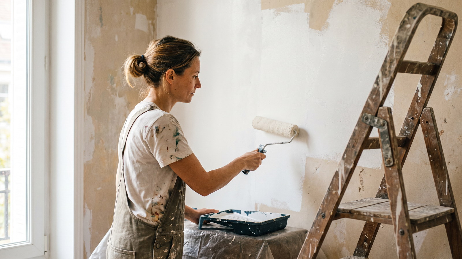 Propriétaire de meublé de tourisme réalisant des travaux de rénovation, rouleau de peinture en main