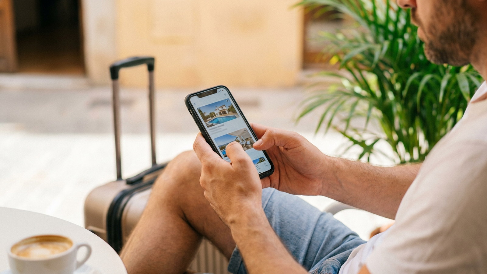 Voyageur consultant une application de réservation de logement sur son smartphone