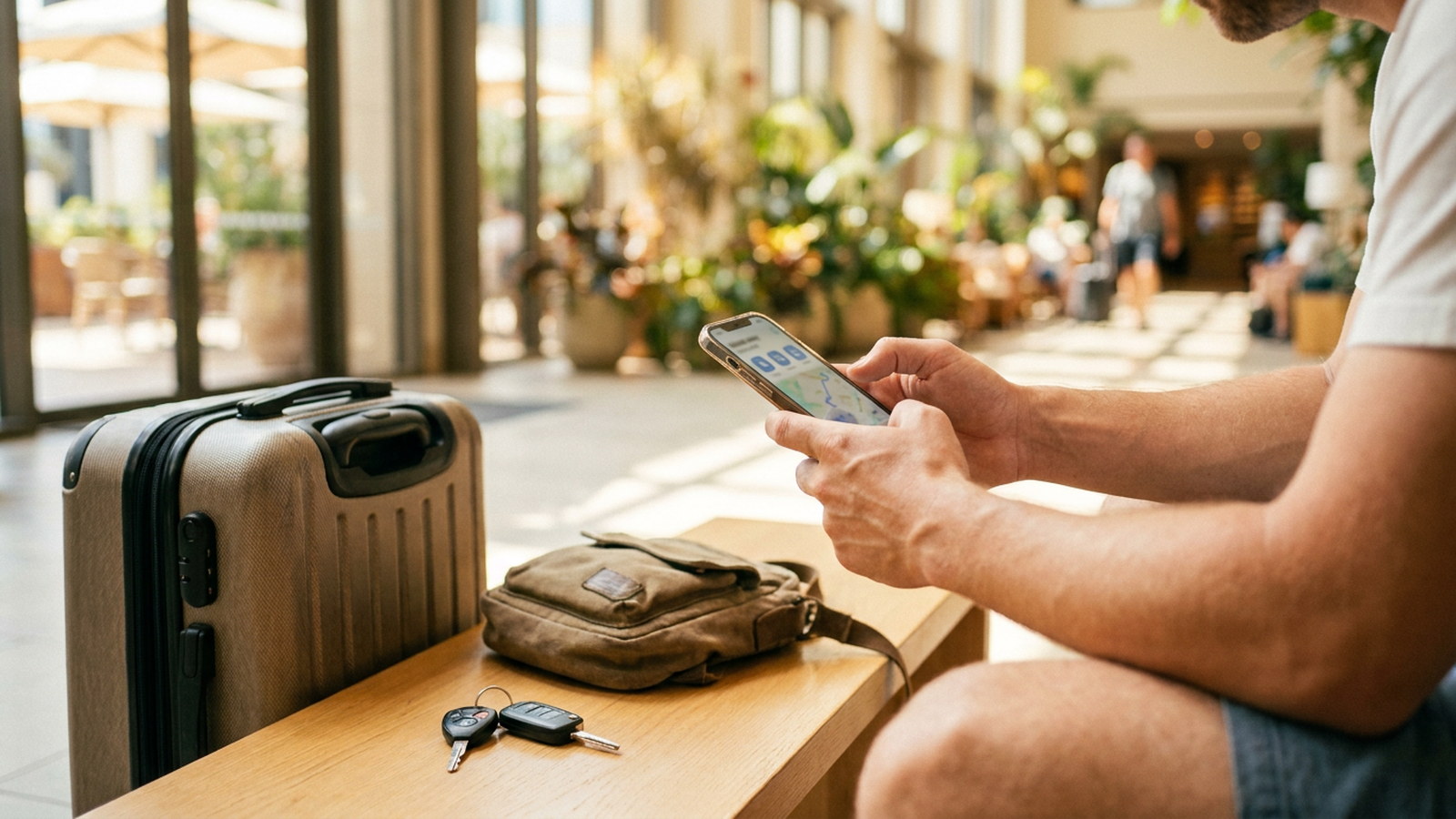Voyageur utilisant plusieurs services de voyage depuis une application sur son smartphone