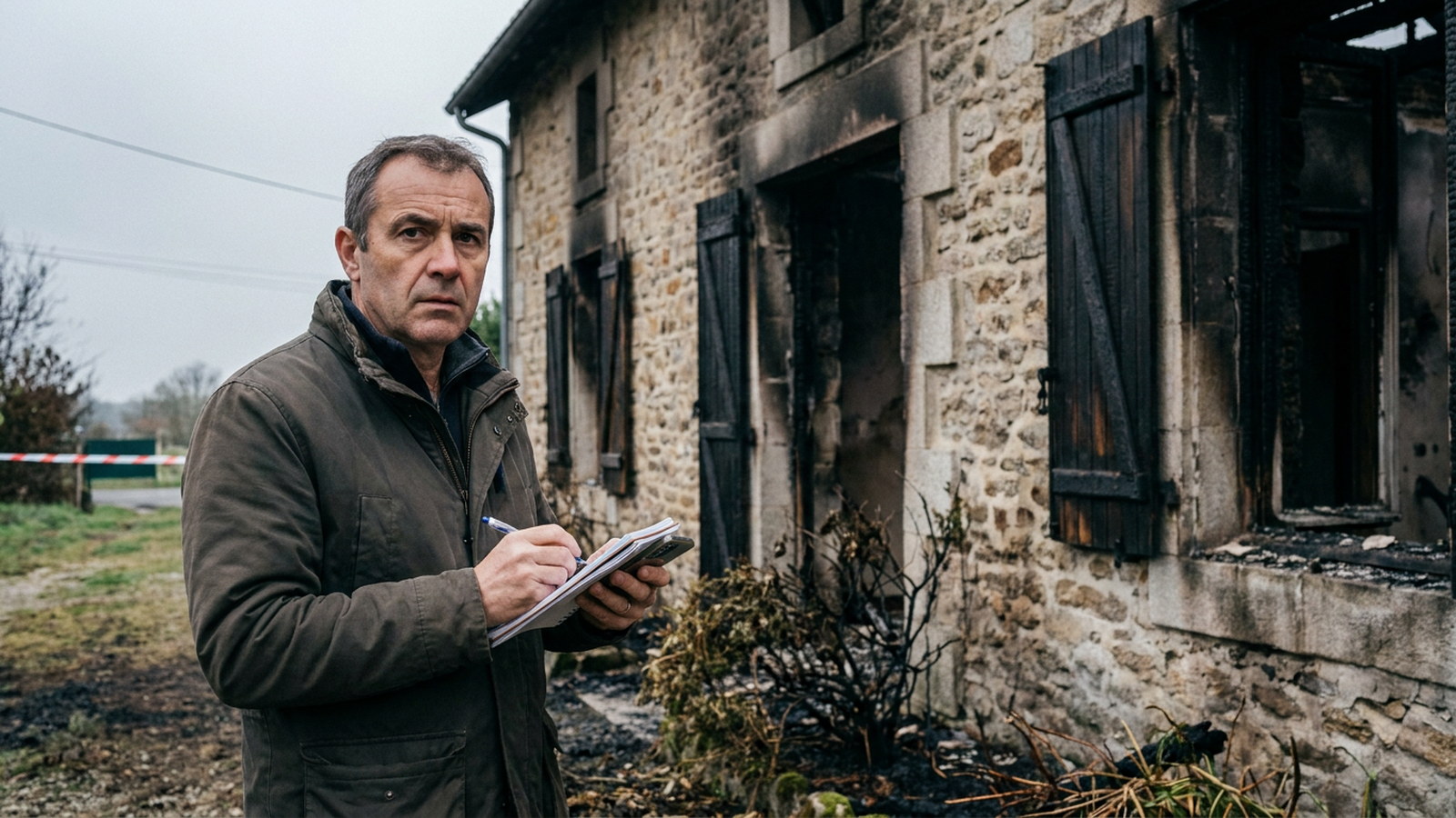 Propriétaire constatant les dégâts après un incendie, carnet à la main pour l'assurance