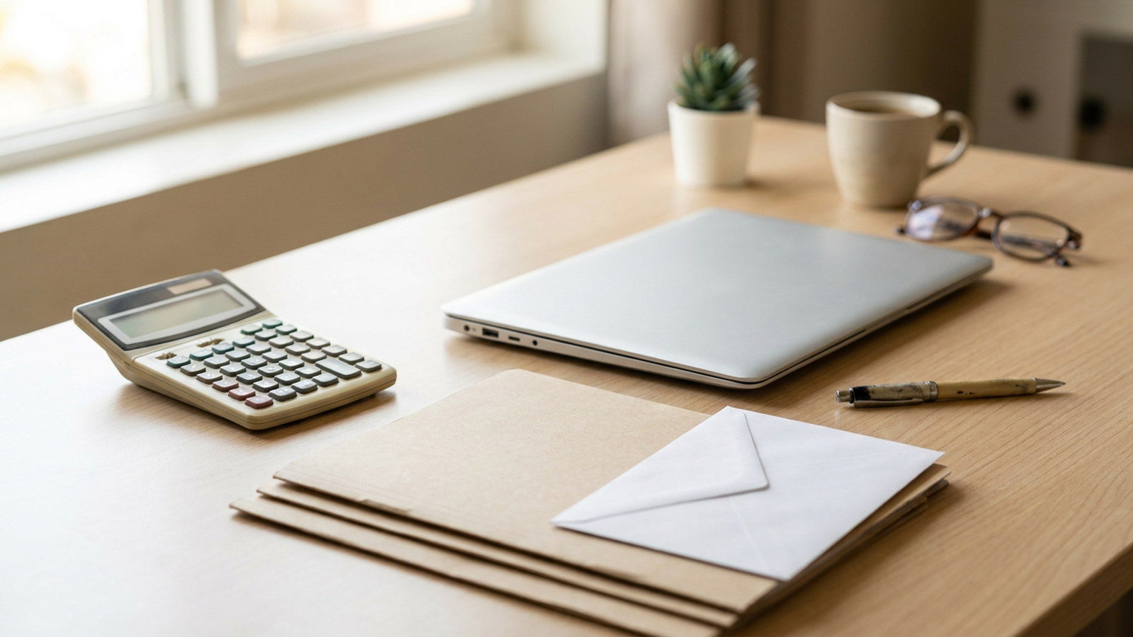Bureau avec documents fiscaux et calculatrice, préparation d'une déclaration de revenus locatifs