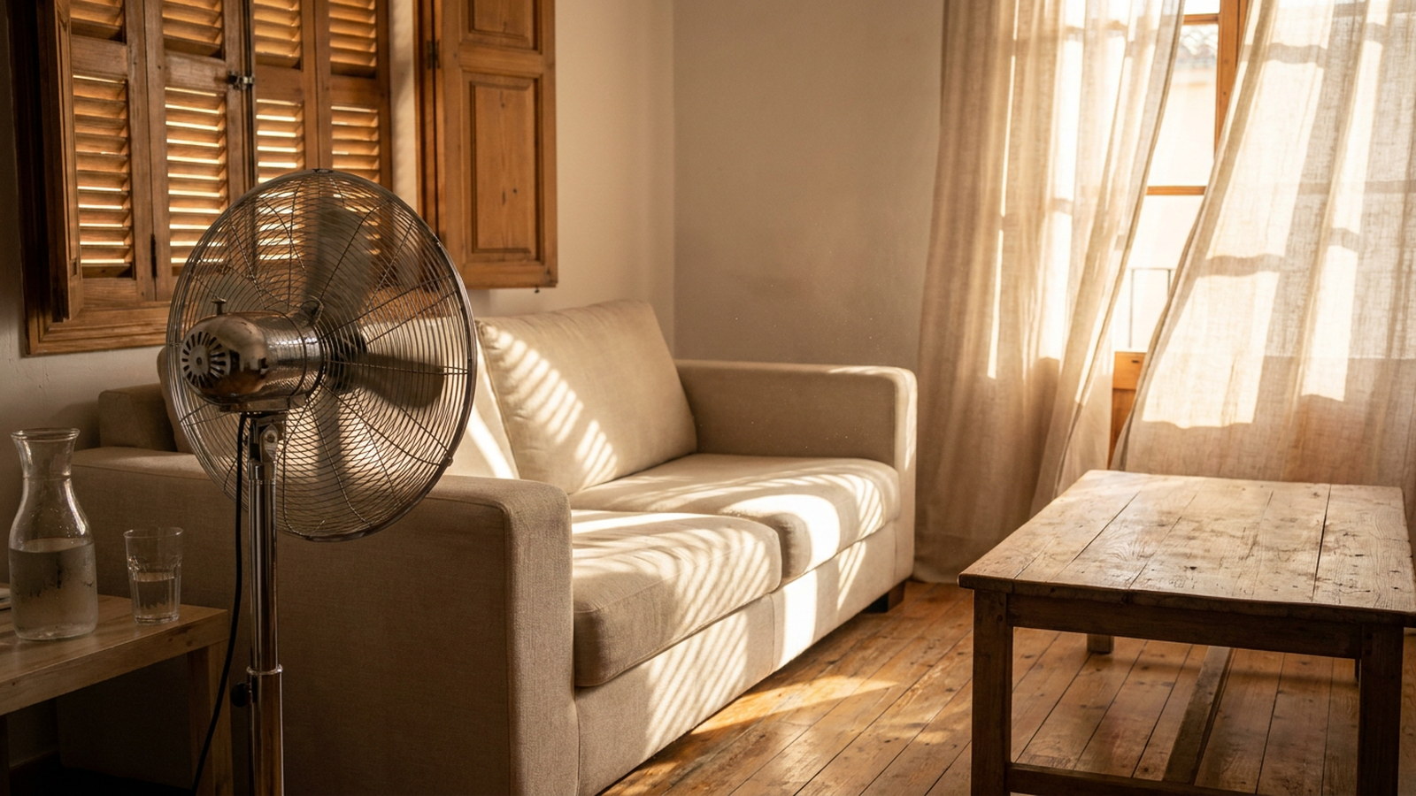 Intérieur d'un logement d'été aux volets mi-clos, ventilateur, ambiance de forte chaleur