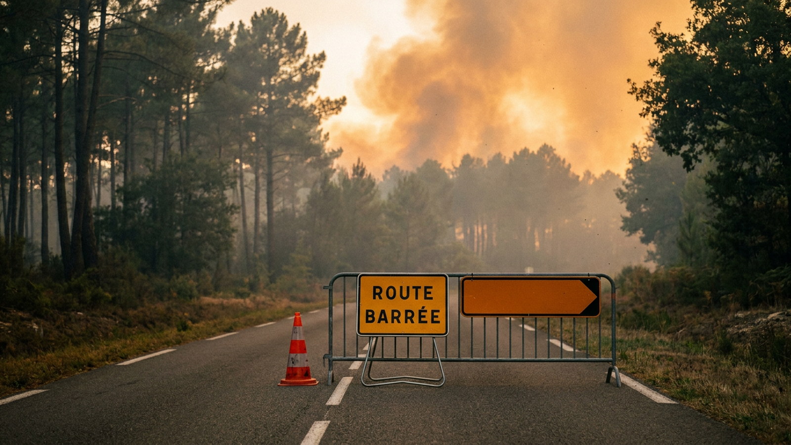 Route de campagne fermée près d'un massif forestier menacé par un incendie en été
