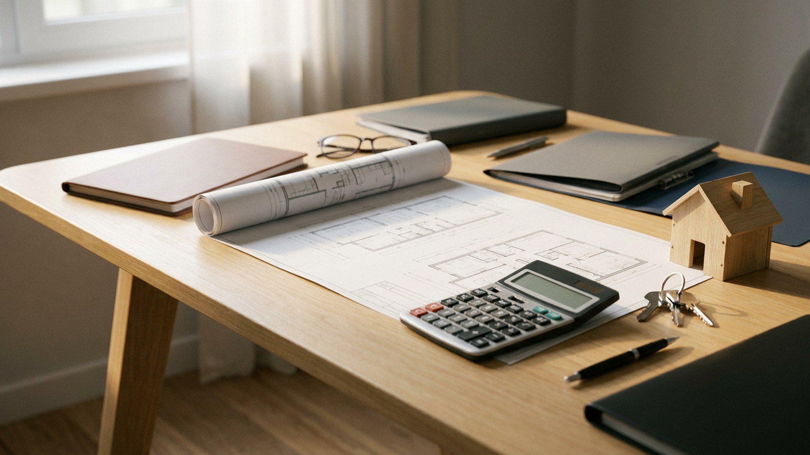 Bureau avec plans d'un logement locatif, calculatrice et documents de gestion