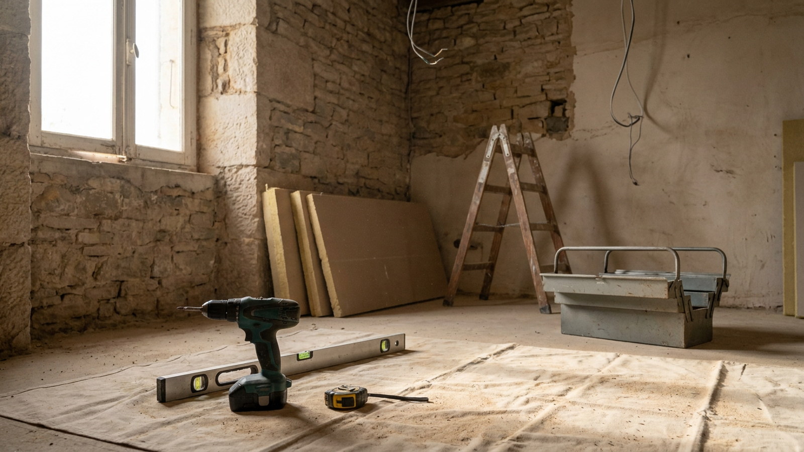 Chantier de rénovation énergétique à l'arrêt dans un logement, outils posés