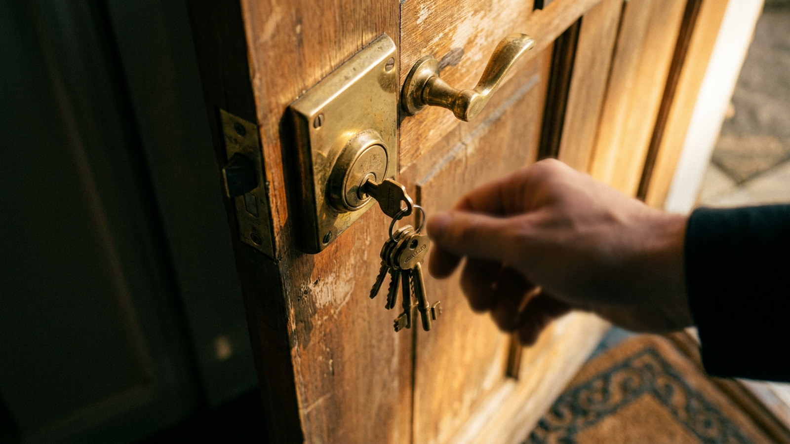 Serrure d'une porte d'entrée et trousseau de clés, situation de litige d'occupation