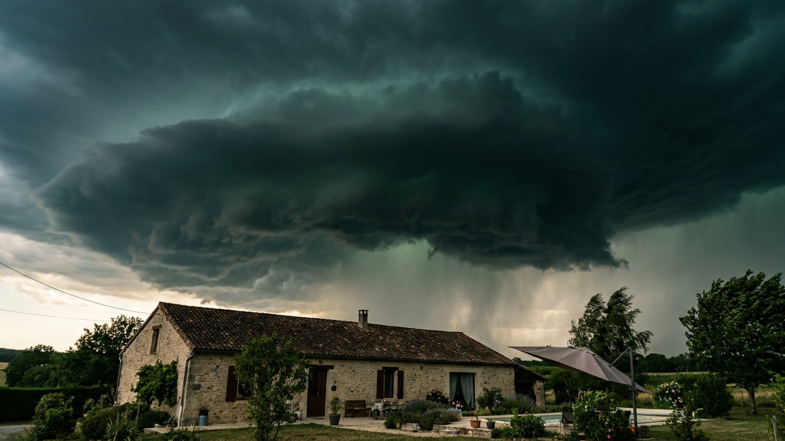 Ciel d'orage menaçant au-dessus d'une maison de campagne, veille de fortes intempéries
