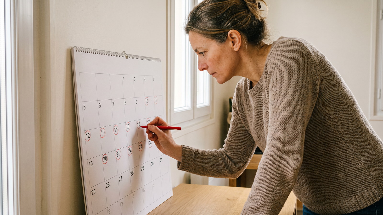 Propriétaire comptant sur un calendrier mural les jours de location autorisés pour sa résidence principale