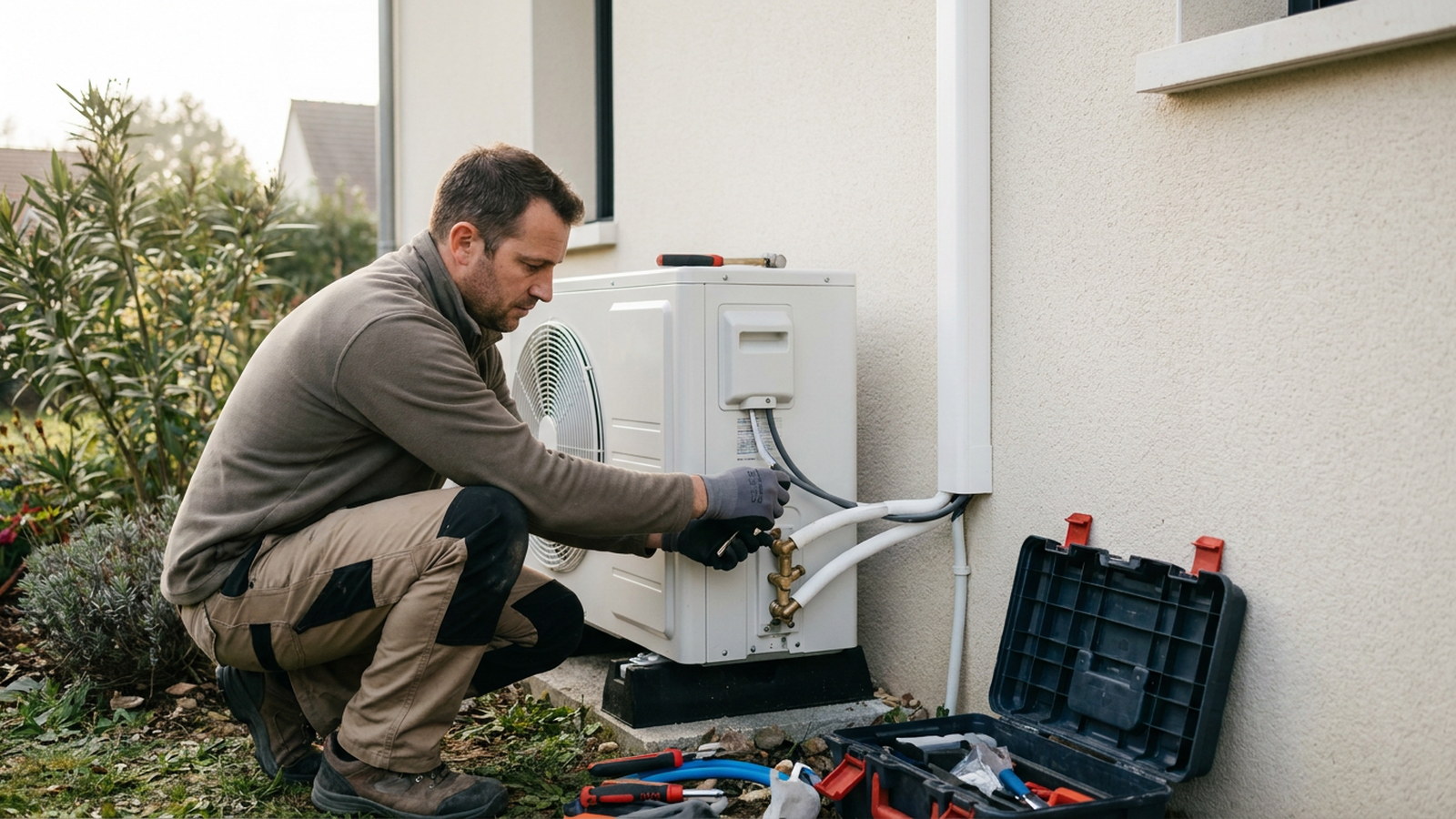 Installation d'une pompe à chaleur par un artisan sur le mur extérieur d'un logement