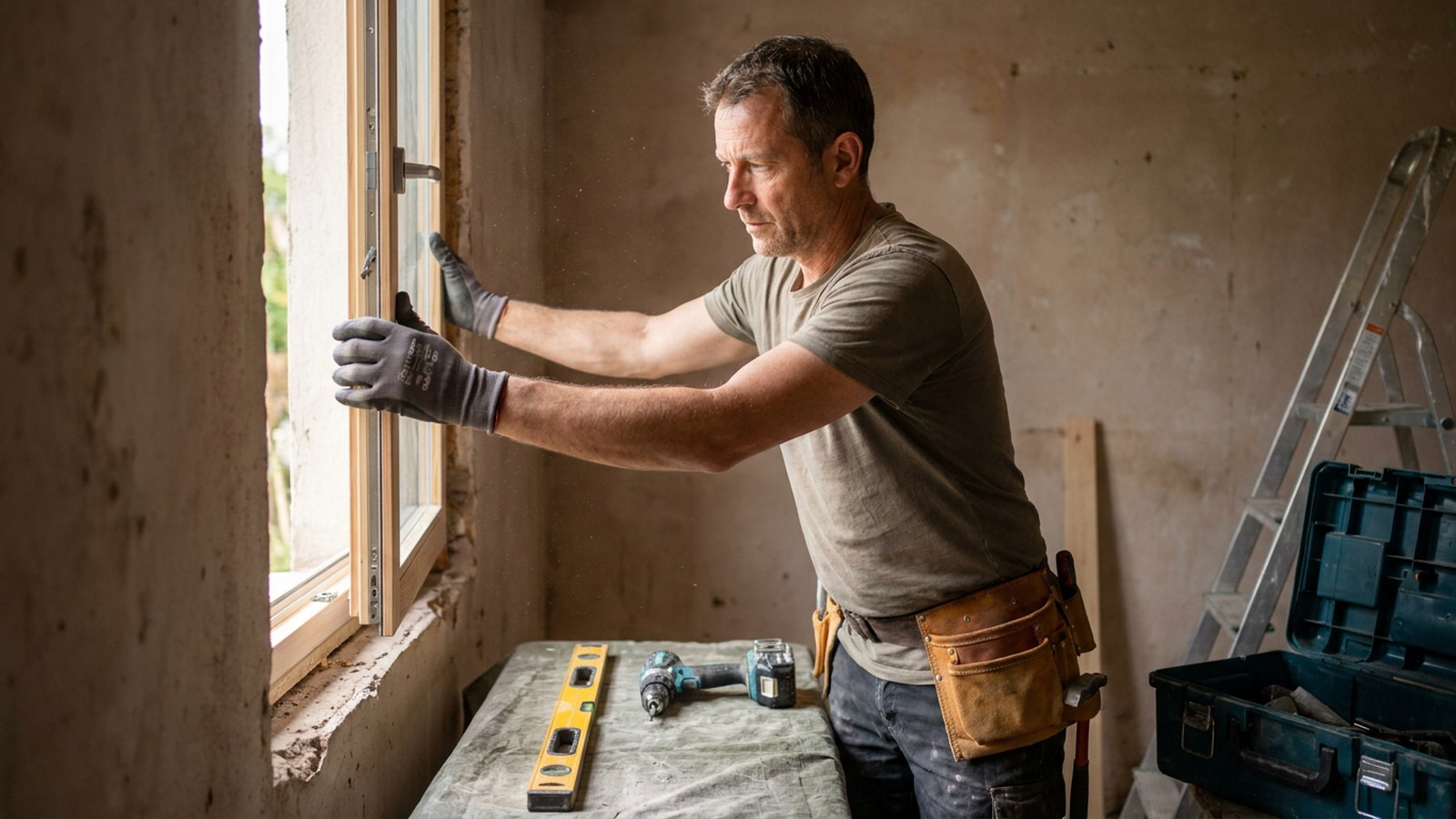 Artisan posant une fenêtre isolante lors de la rénovation énergétique d'un logement de location