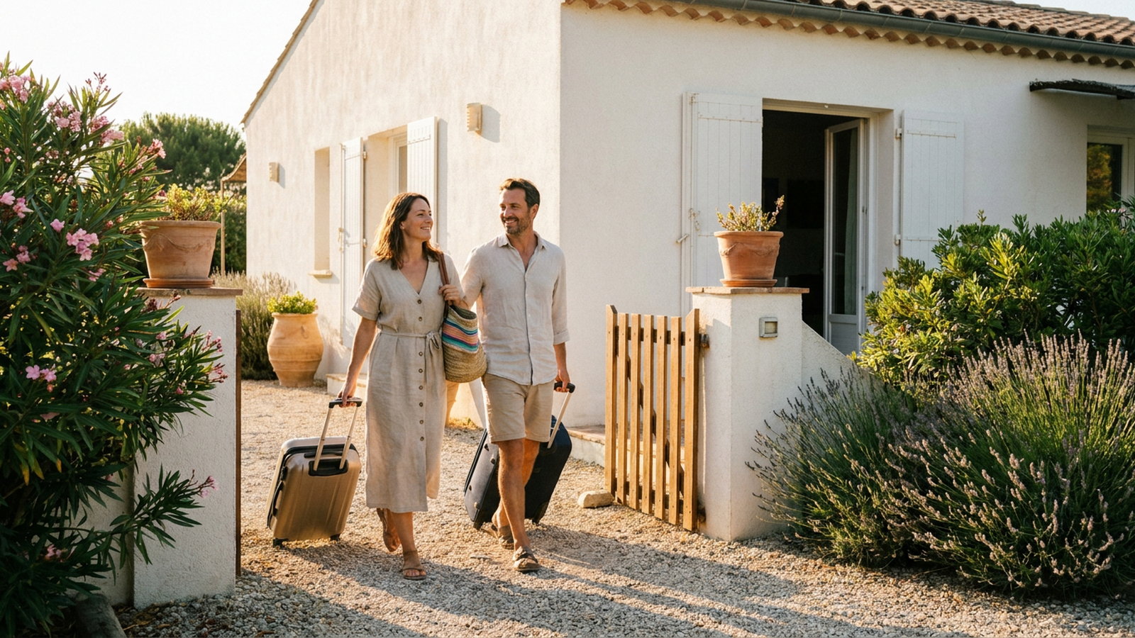 Voyageurs arrivant avec leurs bagages devant une location de vacances en été