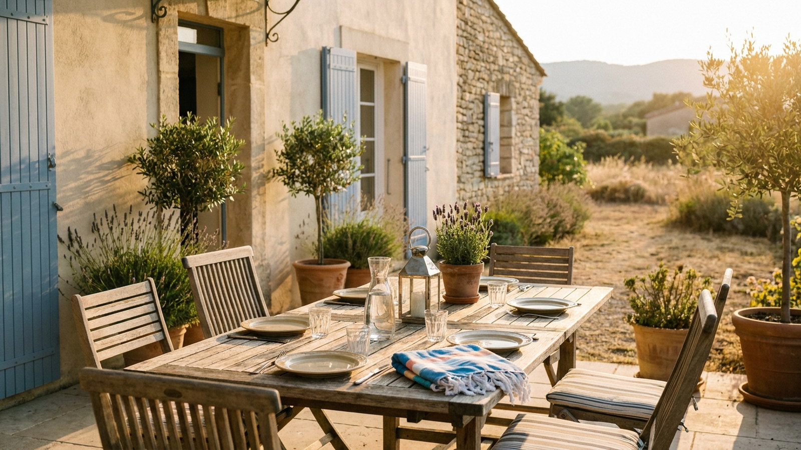 Terrasse d'un meublé de tourisme prête à accueillir des vacanciers en fin de journée d'été