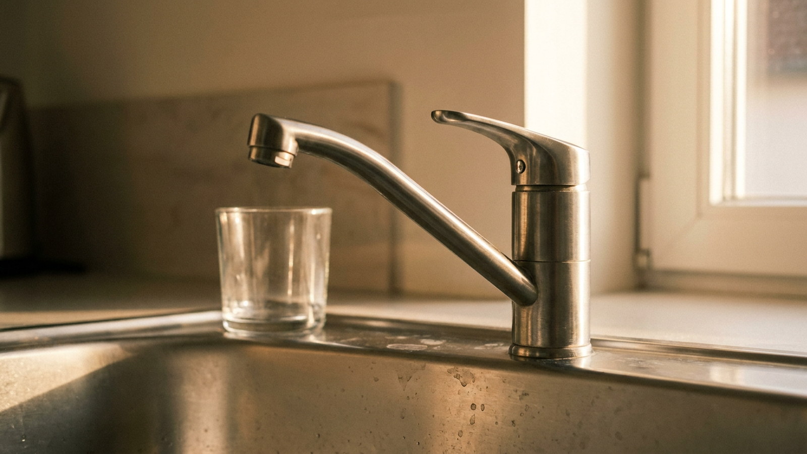 Robinet à sec au-dessus d'un évier, illustrant les restrictions d'eau en période de sécheresse