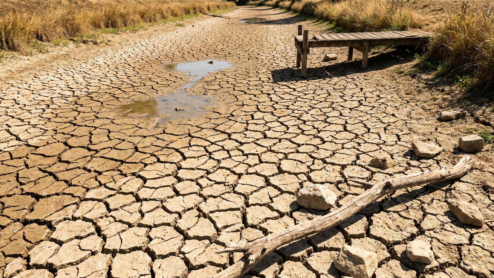 Sol de rivière asséché et craquelé sous le soleil d'été, illustrant la sécheresse
