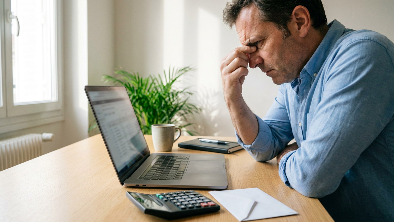 Propriétaire ouvrant son avis de taxe foncière 2026 devant un ordinateur et une calculatrice