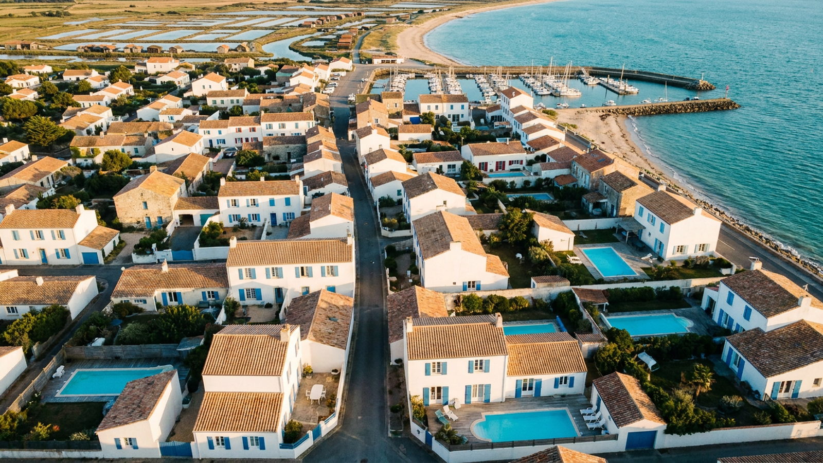 Petit village touristique du littoral atlantique vu du ciel, enjeu de la taxe de séjour